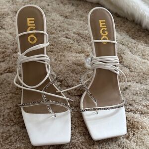 EGO White Strappy Heels with Rhinestone Detail